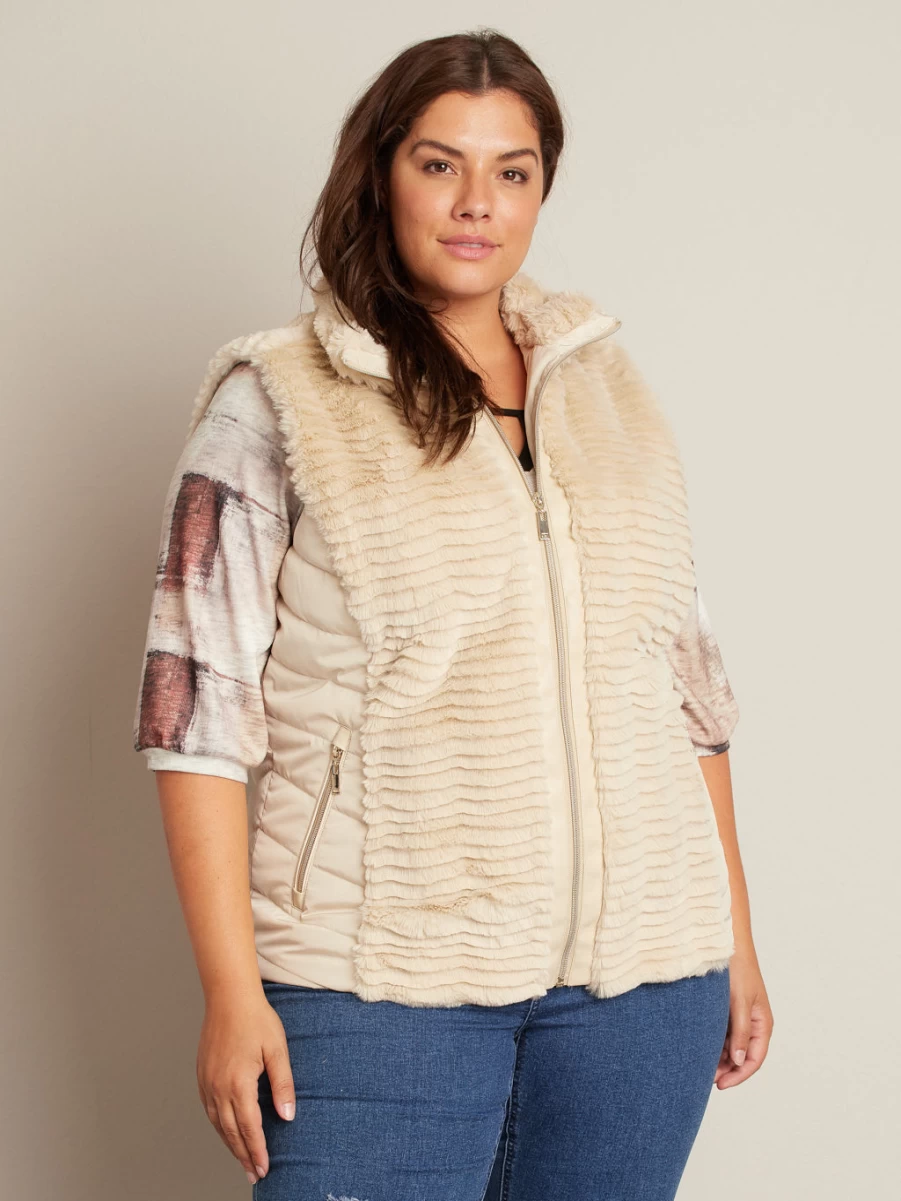 Women's Sleeveless Puffer Vest Jacket with Faux-Fur Trim - Claire France Winter Fashion