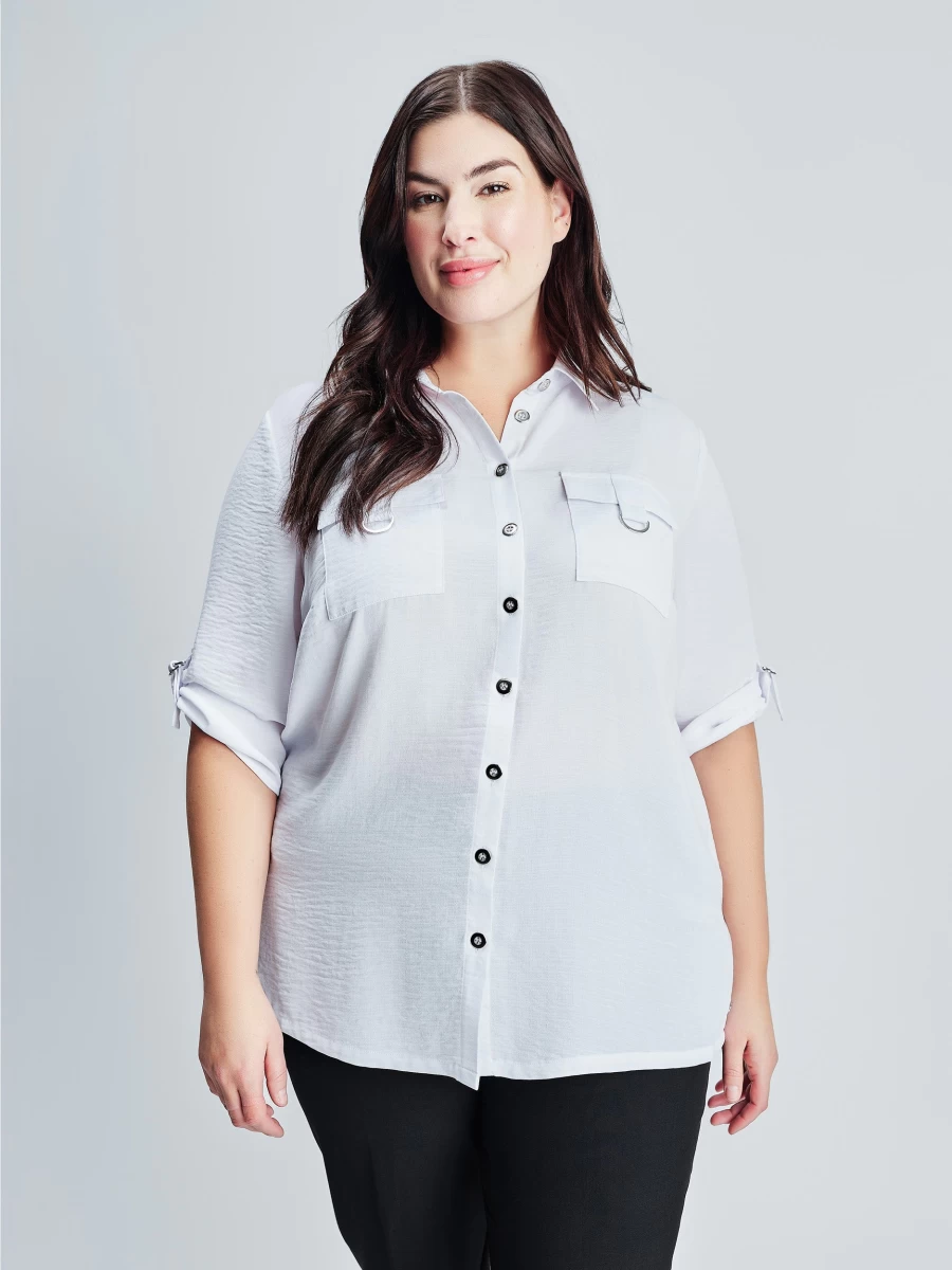 "Claire France Women's 3/4 Sleeve Semi-Fitted Button-Up Blouse"