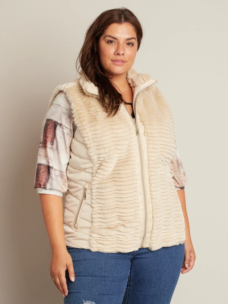 Women's Sleeveless Puffer Vest Jacket with Faux-Fur Trim by Claire France