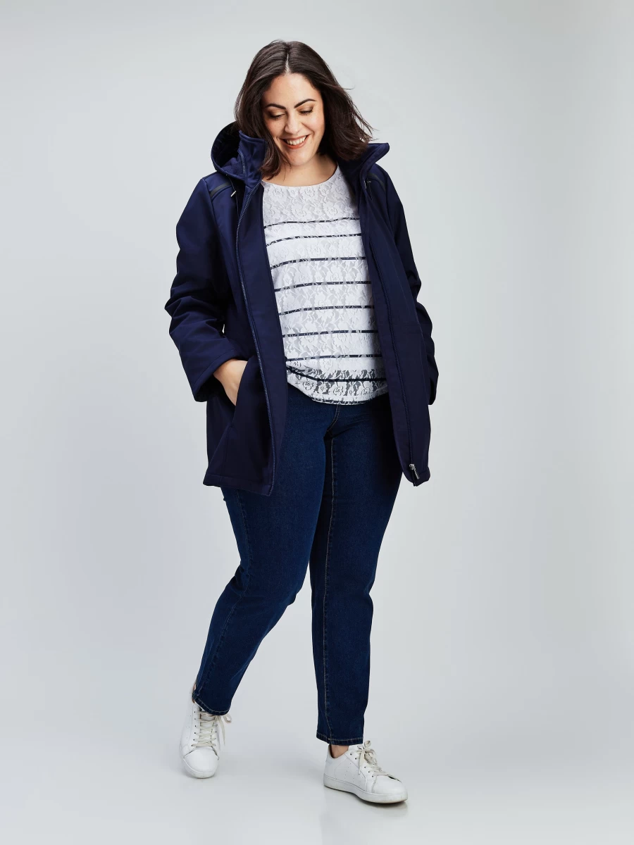 Women's Navy Mid Thigh Semi-Fitted Soft Shell Jacket by Claire France