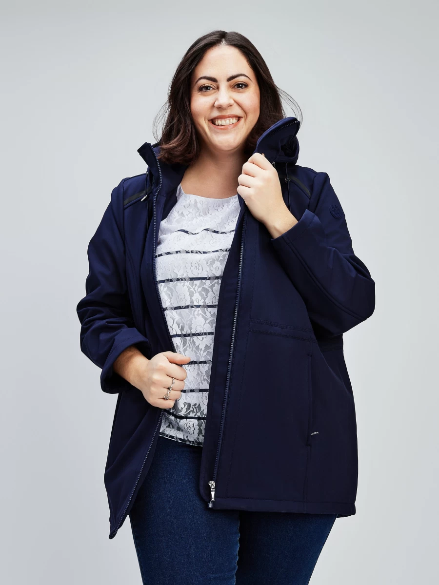 Women's Navy Mid Thigh Semi-Fitted Soft Shell Jacket by Claire France